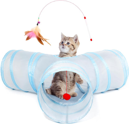 Tempcore Pet Cat Tunnel Tube Toys 3 Way Collapsible, Tunnels for Indoor Cats, Interactive Tube with Teaser Wand, Peek Holes & Hanging Ball, Black & Blue28