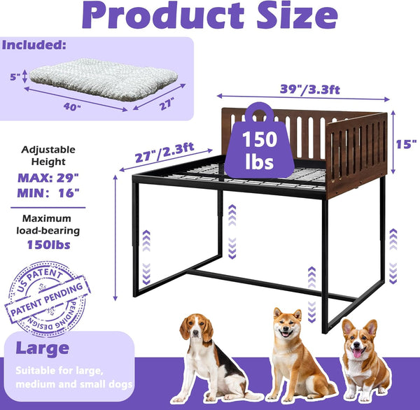 Beside Dog Bed,2 Wood Side Panel Adjustable Height Dog Bunk Beds,39''X27'' Metal Dogs Bed Frame with Cushion,Large3