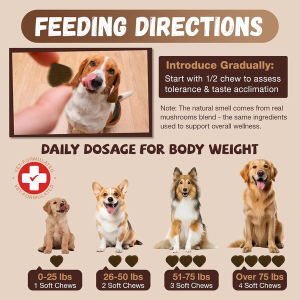 Turkey Tail Mushroom for Dogs with Probiotics - Mushroom Supplement for Dogs Lumps and Bumps, Reishi, Lion'S Mane - Immune Boost, Gut Health, Lipoma, Joint & Skin Support Multivitamin, 120 Chews7