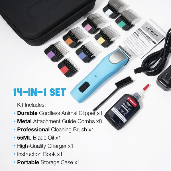 Professional Dog Clippers for Grooming Thick Curly Matted Coats | Detachable A5 Blade & Metal Guide Combs Kit for Horse Animal Breeds Low Noise Cordless Pet Hair Trimmer with 2 Speed Bluewave7