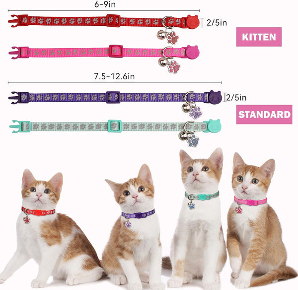 4PCS Breakaway Cat Collars,Reflective Cat Collar with Bells,Kitten Collars for Boy&Girl Cats Breakaway Collar for Cats with Paw Pendant 6-9 Inch(Purple+Hotpink+Red+Teal)5