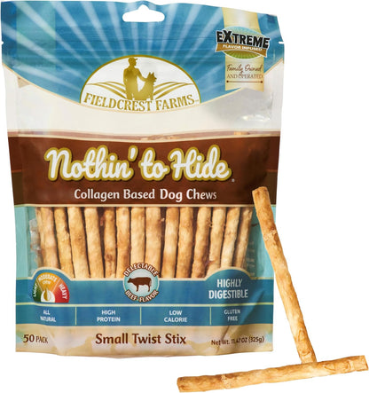 Fieldcrest Farms Nothin' to Hide Twist Stix, Beef Flavor, Easily Digestible, Supports Skin, Coat, Joints & Muscles, for Moderate Chewers under 15Lbs, 50 Pieces1