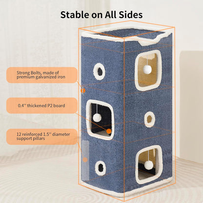 Cat House, Cat Beds for Indoor Cats, 3-Story Cat Condo Cube with Scratch Pad and Fluffy Ball Hanging, Multi-Level Cozy Hideout Center Ideal for Small/Medium Cats4