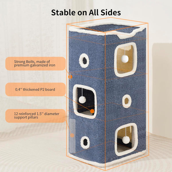 Cat House, Cat Beds for Indoor Cats, 3-Story Cat Condo Cube with Scratch Pad and Fluffy Ball Hanging, Multi-Level Cozy Hideout Center Ideal for Small/Medium Cats4