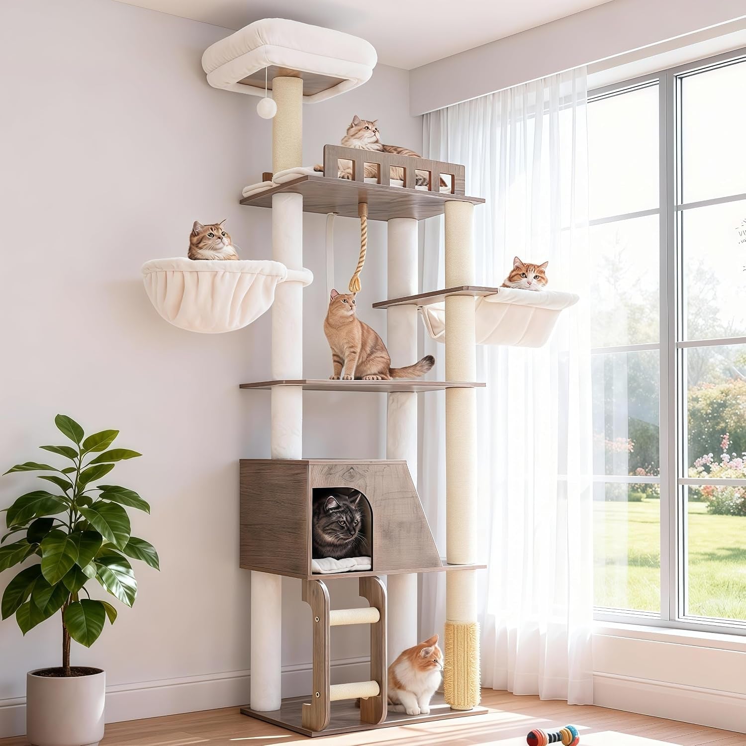 hey-brother-wooden-cat-tree-furniture-tower-with-large-platforms-mpj121bt-69-7-inch-modern-full-sisal-scratching-posts-hammocks-spacious-condo-ladder-brush-water-proof-surface-white-oak