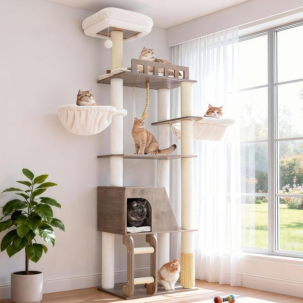 Hey-Brother Wooden Cat Tree, Furniture Tower with Large Platforms, MPJ121BT | 69.7 Inch, Modern Full Sisal Scratching Posts, Hammocks, Spacious Condo, Ladder, Brush, Water Proof Surface, White Oak11