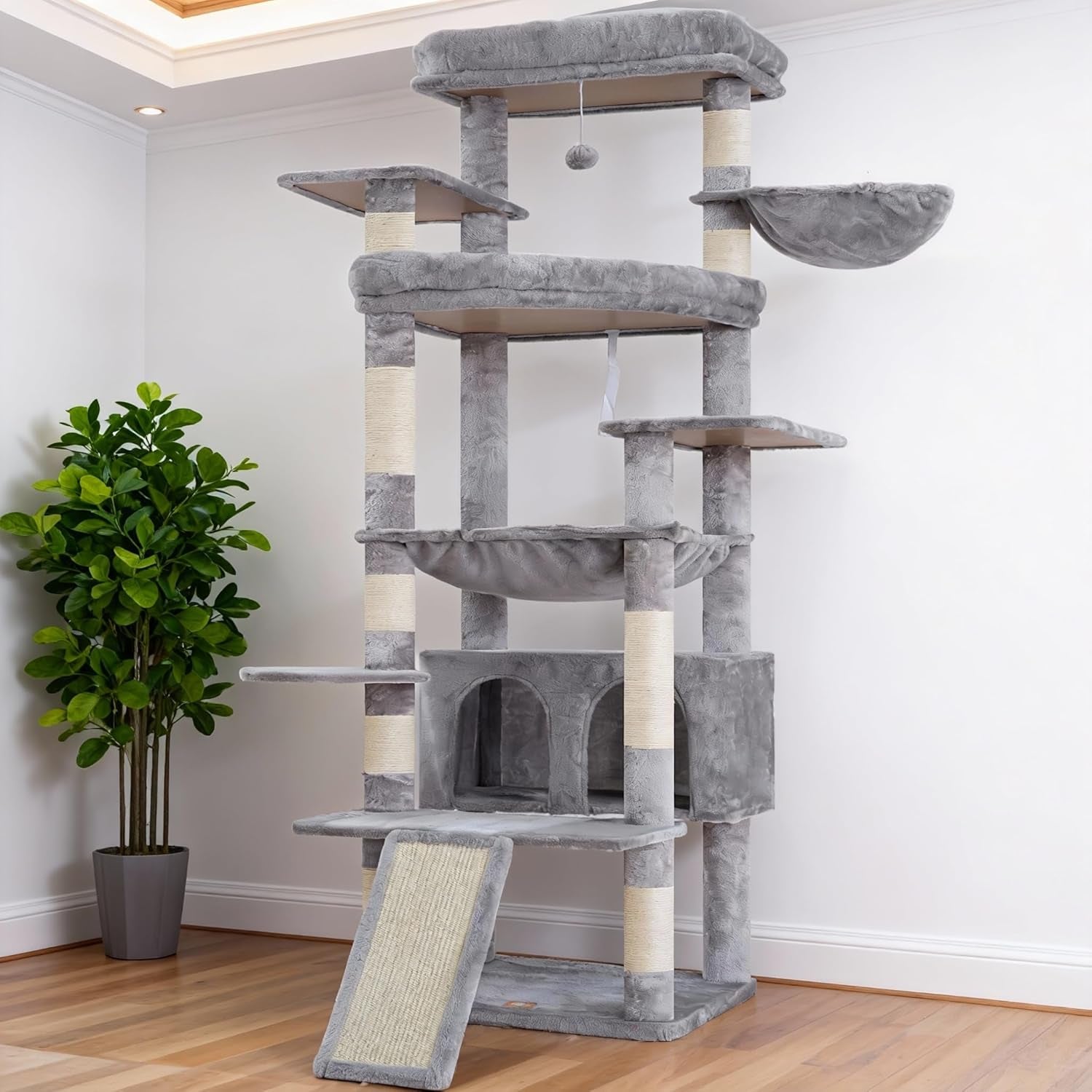 heybly-cat-tree-71-inch-tall-tower-for-indoor-cats-with-2-perches-hct034w-large-cat-furniture-with-2-big-condos-2-hammocks-basket-scratching-pad-multi-level-cat-condo-light-gray