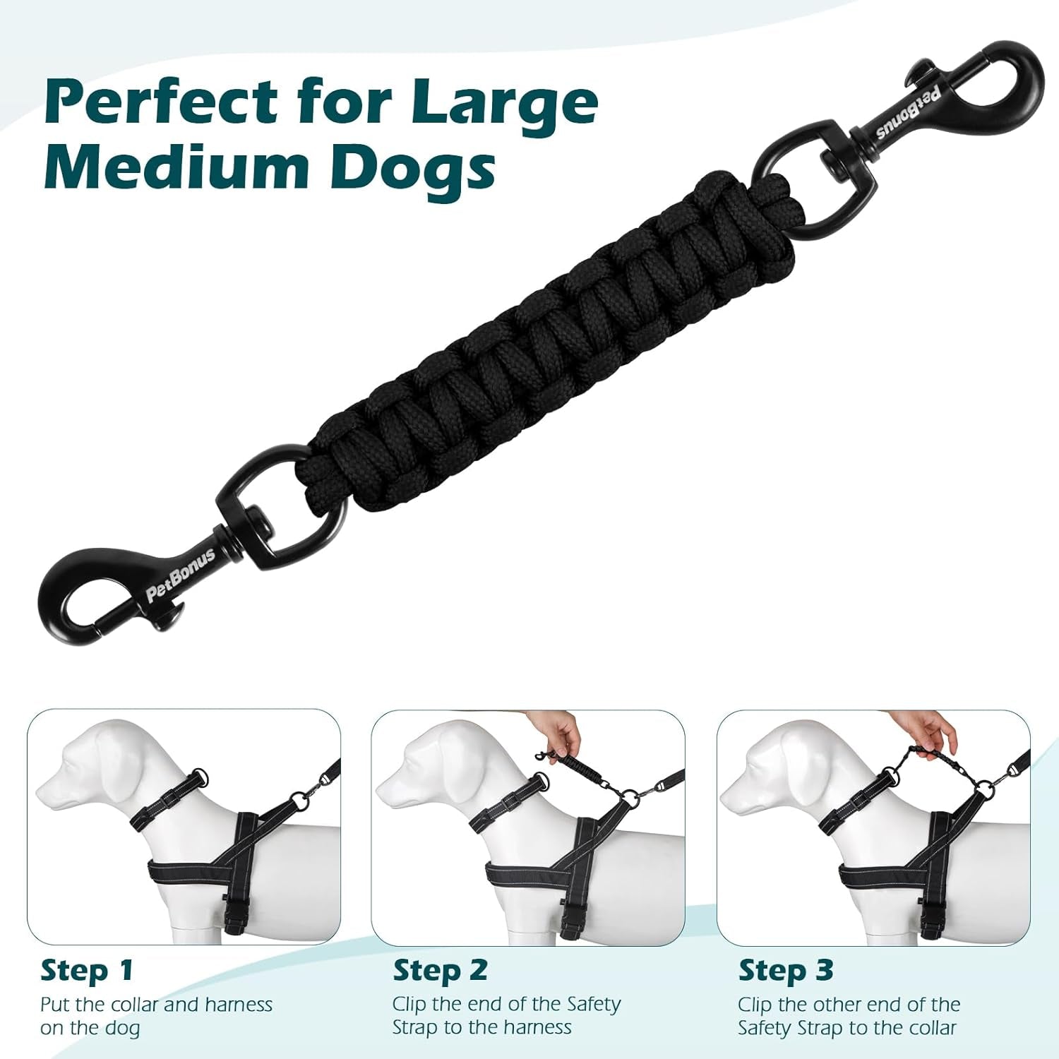 petbonus-dog-collar-safety-clip-handmade-prong-collar-to-harness-connector-dog-leash-backup-safety-strap-escape-proof-double-ended-clasp-lead-connector-for-pinch-collar-harness-black