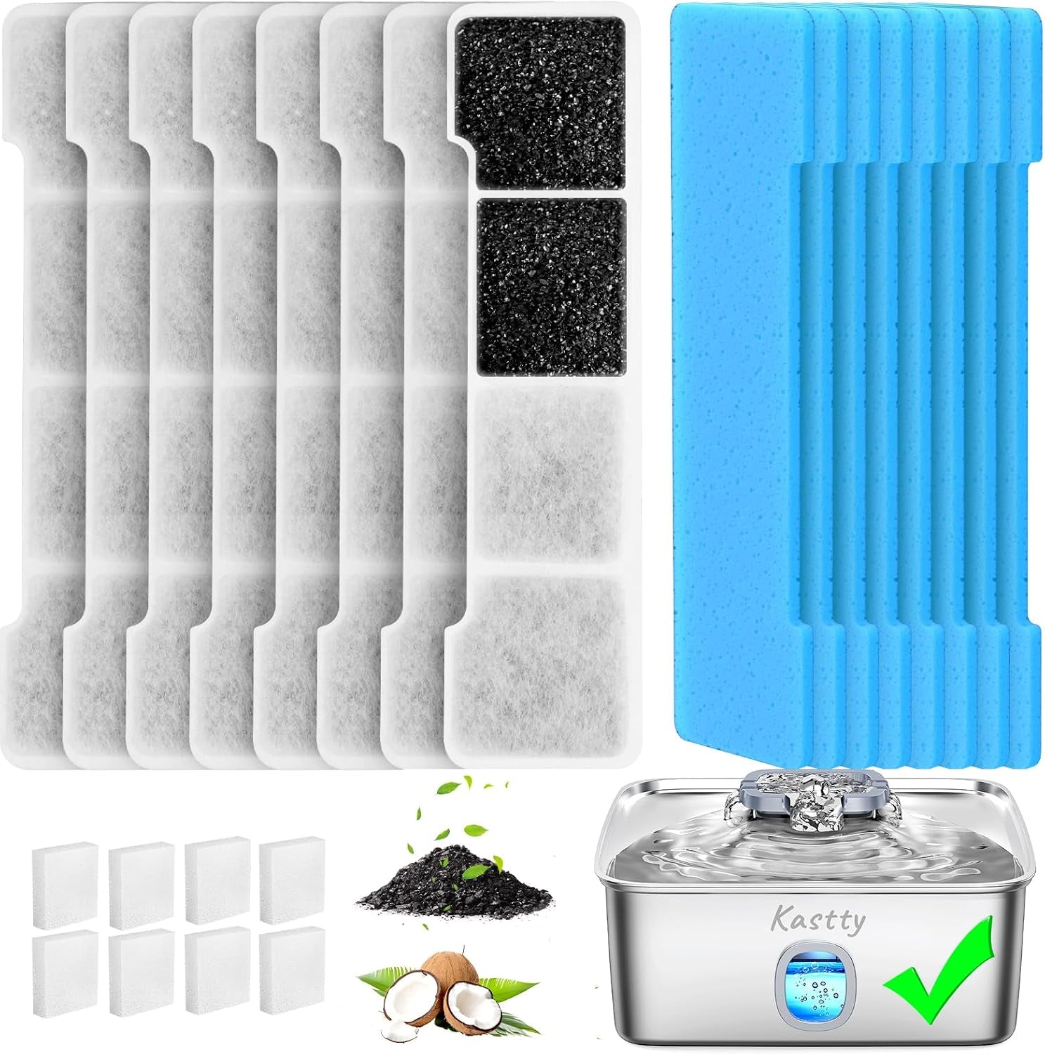 kastty-15l-dog-water-fountain-filter-replacement-for-fs76-fs78-fs79-filter-made-of-activated-carbon-and-pp-cotton-8-pack-pet-fountain-filters-8-pack-pre-filter-sponge-with-8-pump-sponge-l05