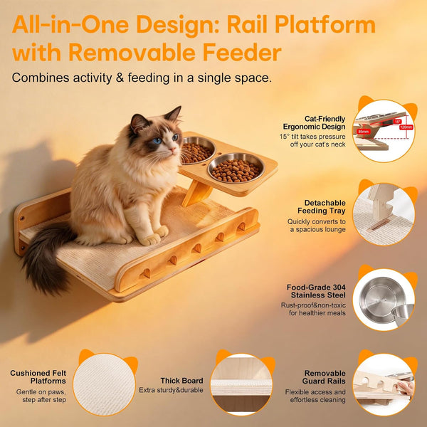 8-In-1 Cat Wall Shelves for Large Cats, Wall Mounted Cat Furniture with Feeding Station&Extra Wide Hammock, Heavy Duty Cat Climber for Indoor Cats to Sleep Play & Eat, 44Lbs Capacity, Wood5