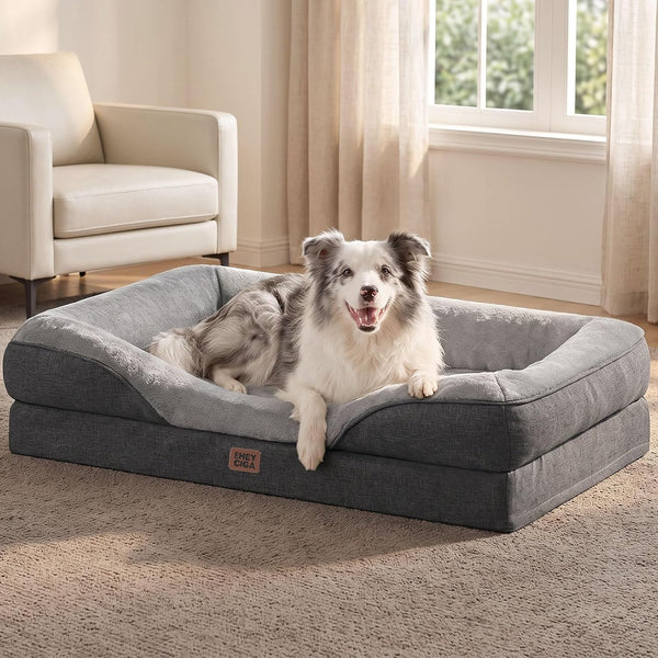 EHEYCIGA Orthopedic XL Dog Bed for Large Sized Dog, 42X30 Inch Extra Large Memory Foam Dog Couch Bed with Sides, Waterproof Liner & Washable Removable Cover, Bolster Pet Sofa, Grey1