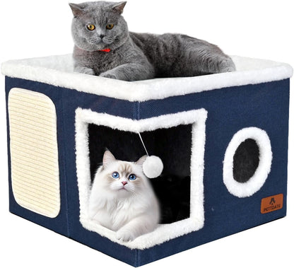 Cat Beds for Indoor Cats, Large Cat Cave Bed with Scratch Pad and Fluffy Ball, Foldable Cat Hideaway, Cat House with Reversible Cushion for Multi Small Pet up to 30LBS, Grey9