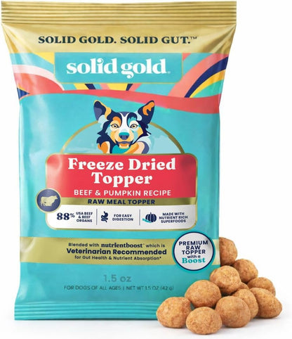 Solid Gold Freeze Dried Dog Food - W/Real Beef, Pumpkin & Superfoods - Freeze Dried Raw Dog Food Toppers for Picky Eaters to Serve as a Nutrient-Dense Meal Topper or High Protein Treats - 1.5Oz1