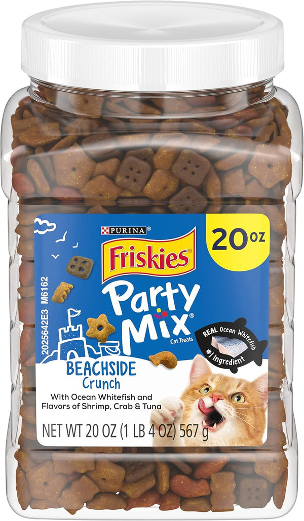 Purina Friskies Party Mix Cat Treats, Beachside Crunch, Made with Ocean Whitefish, Crunchy Cat Treats for Adult Cats, 20-Ounce Resealable Canister (Pack of 2)2