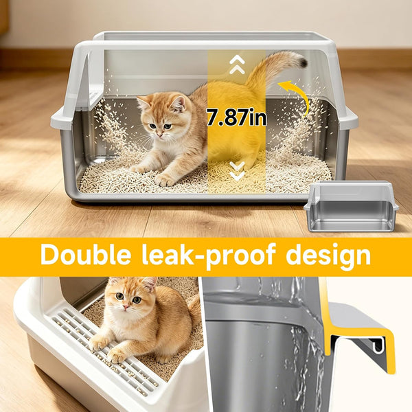 Stainless Steel Cat Litter Box with Scoop,M Metal Pan for Kittens | Metal Litter Box with High Sides & Lid, Open Top Low Entry , Non-Stick Easy Clean ，Kitty Cat Box for Indoor Cats, High Wall2