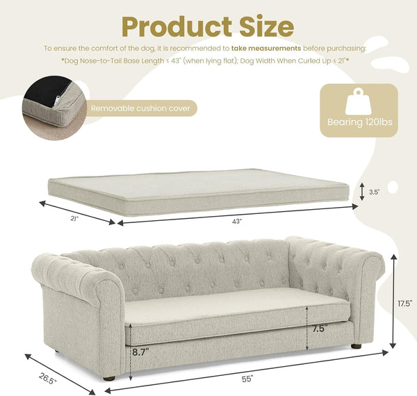 Elevated XL Large Dog Sofa with Backrest and Armrests, 55" Button Tufted Dog Couch Bed with Soft Cushion for Large Dogs, Stylish Lounging Bed Pet Couch Chair, 120Lbs Weight Capacity, Beige2