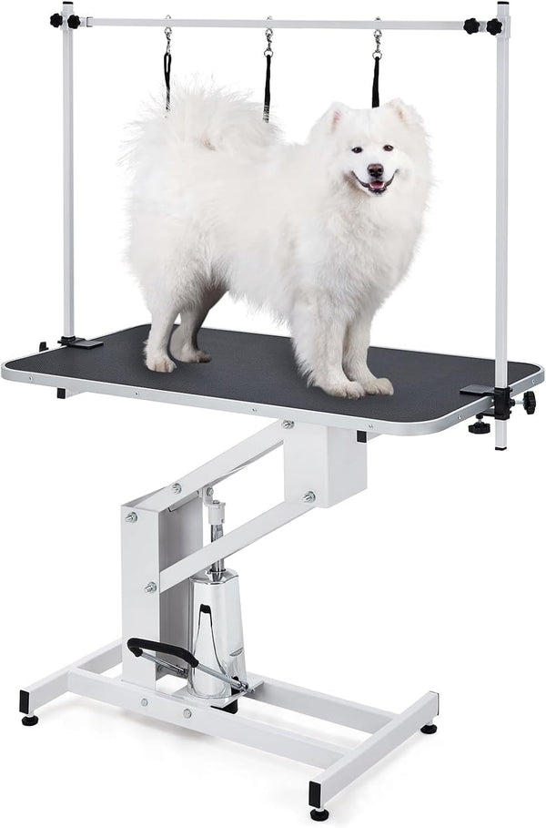 Garveelife 43.3" Hydraulic Dog Grooming Table for Pet, Heavy Duty Structural Hydraulic Max Load 350Lbs Professional Pet Grooming Table with Adjustable Overhead Arm & Noose Height Range 22"-39" (White)10