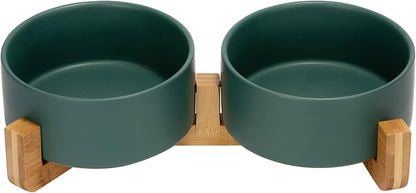 SPUNKYJUNKY Ceramic Dog and Cat Bowl with Wood Stand Non-Slip Matte Glaze Weighted Food Water Set for Cats &Small Dogs 13.5OZ19