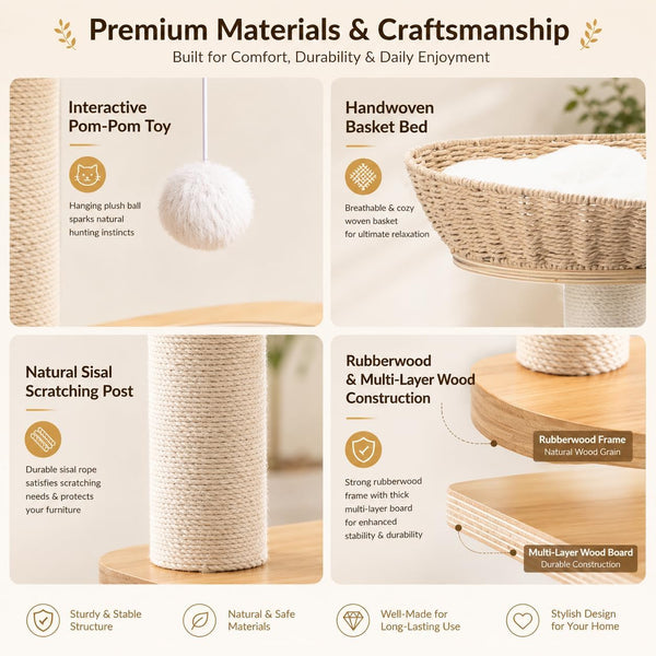 Modern Wooden Cat Tree for Indoor Cats, Furniture Style Cat Tower with Handwoven Basket and Soft Cushion, Acrylic Space Capsule, Sisal Scratching Posts & Interactive Play Ball, 38" Cat Condo6