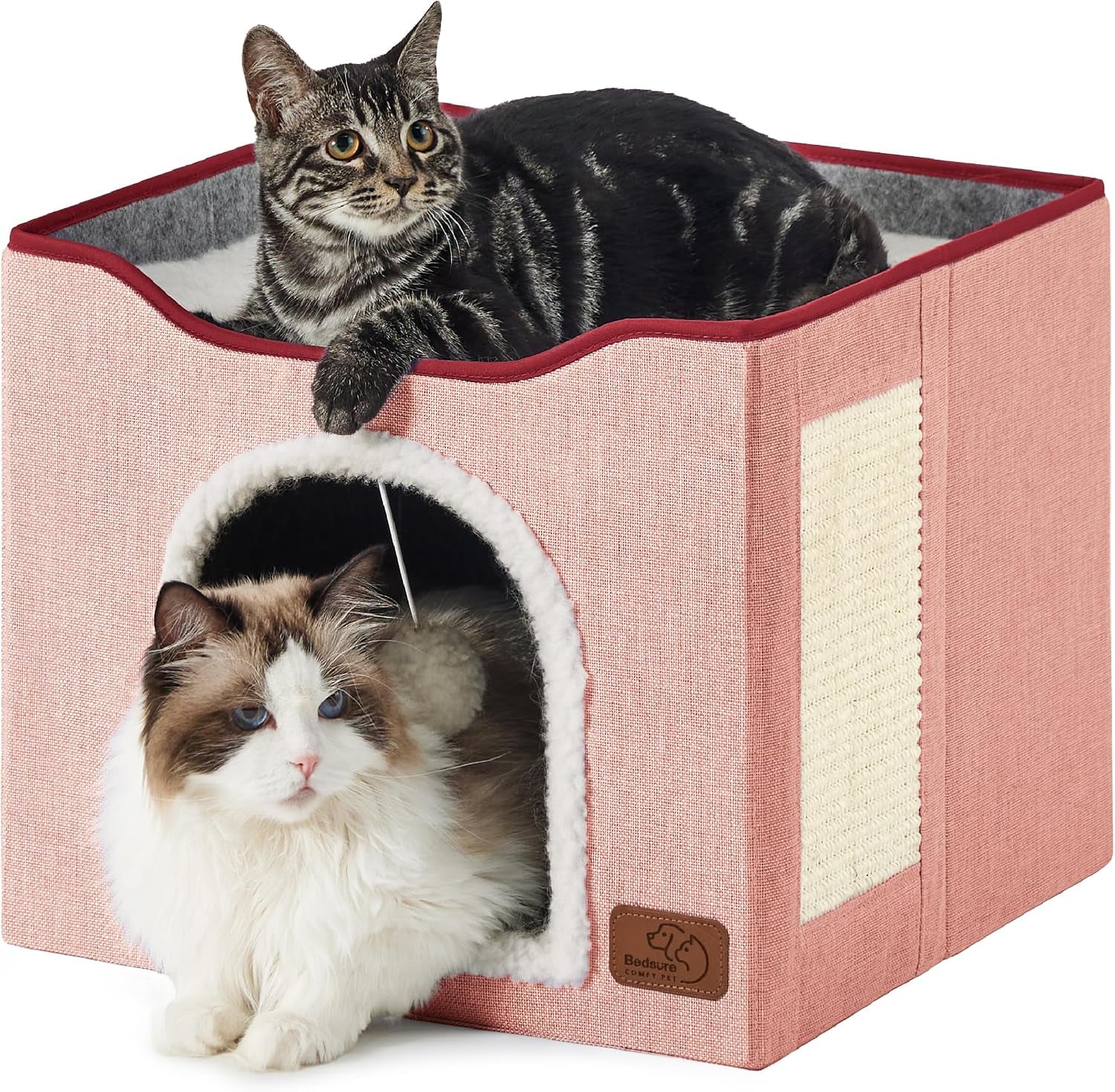 bedsure-cat-house-bed-for-indoor-cats-with-fluffy-ball-and-scratch-pad-grey-16-5x16-5x13-in-large-cat-cave-for-multiple-pets-foldable-cat-hideway-cube-for-sleeping-kitten