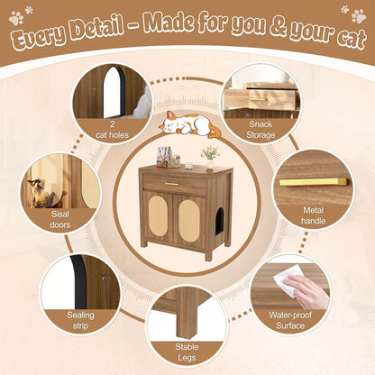 Cat Litter Box Enclosure Furniture, Hidden Litter Box Cabinet Cat House Side Table with Drawer & Sisal Scratch Pads, Wooden Pet Furniture for Living Room, Bedroom,Brown6