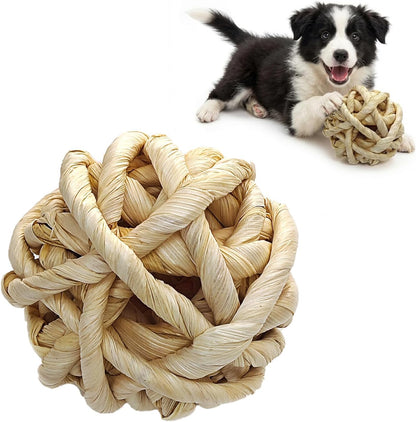 Dog Chew Toys, 3Pcs Woven Grass Chew Ball for Dogs, Dental Teething & Interactive Fetch Toys, Outdoor Digestible Chew Ball for Boredom Relief - Seaweed & Timothy Hay, Cornsilk, Cornleaf15