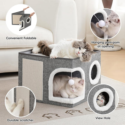 Cat Beds for Indoor Cats,Large Cat Cave House with Scratch Pad and Fluffy Ball,Foldable Cat Condo Hideaway, Modern Kitten Bed, Grey3