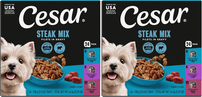 Cesar Filets in Gravy Wet Dog Food, Steak Mix Variety, 3.5 Oz, 24 Count | Filet Mignon, New York Strip & Prime Rib, Real Meat, Slow-Cooked, No Fillers/Added Sugar/Artificial Flavors, Easy Peel Trays15