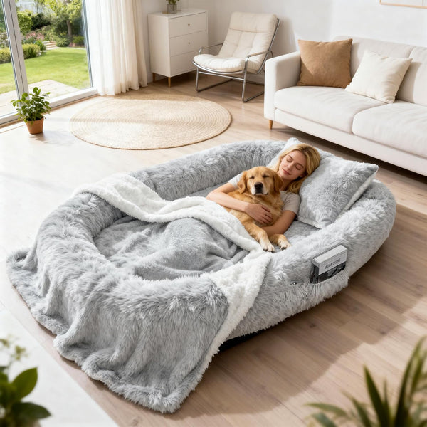 71" Human Dog Bed for Adult, Giant Orthopedic Memory Foam Dog Sofa Bed, Large Oversize Washable Faux Fur Pet Couch with Plump Pillow, Blanket, Strap - Dark Grey8
