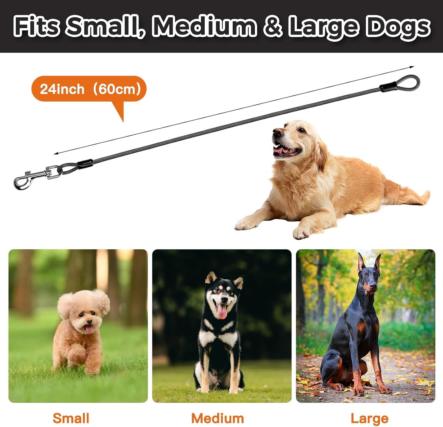 chew-proof-dog-leash-extender-2ft-5mm-metal-lead-extension-360-tangle-free-for-walking-training-puppies-fits-small-medium-large-dogs-collar-harness-compatible-black-orange-blue