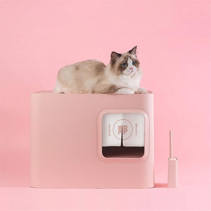 Dog Potty Training Toilet ﻿ Cat Litter Tray Fully Enclosed Japanese Style Box Toilet Kitten anti Splash and Deodorant Corridor Pet with Curtain Pink and White(A)10