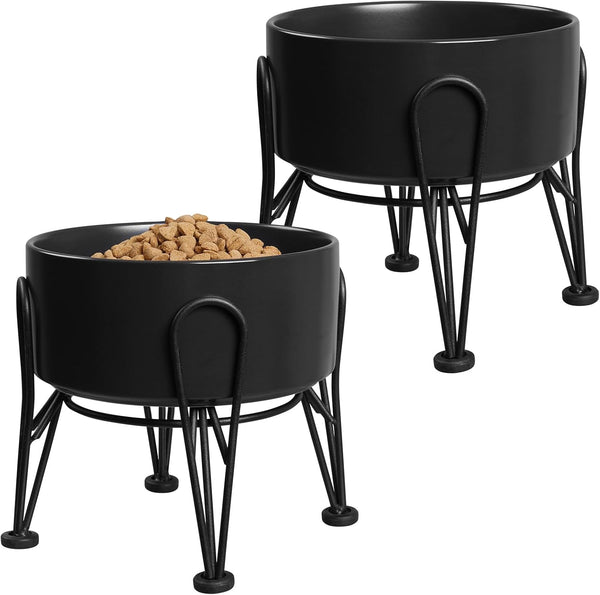Elevated Dog Bowls, Ceramic Raised Dog Bowl Set with Anti-Slip and Non-Tip Metal Stand, 2 Pack Pet Food and Water Feeding Bowls for Small and Medium Dogs (Black,3.6 Cups)1
