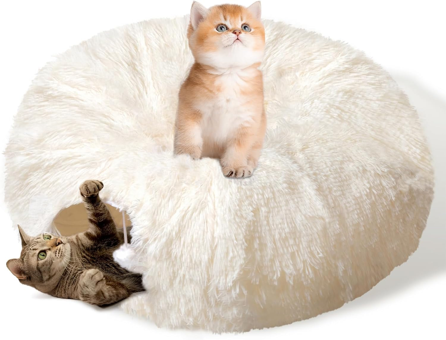 baseola-fuzzy-cat-tunnel-bed-for-indoor-cats-2-in-1-interactive-cat-toys-peekaboo-cat-cave-with-washable-mat-collapsible-cat-play-tunnel-for-kittens-small-pets-plush-cat-donut-bed-tunnel-grey