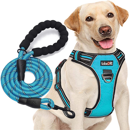 Tobedri No Pull Dog Harness Adjustable Reflective Oxford Easy Control Medium Large Dog Harness with a Free Heavy Duty 5Ft Dog Leash, Blue, M1