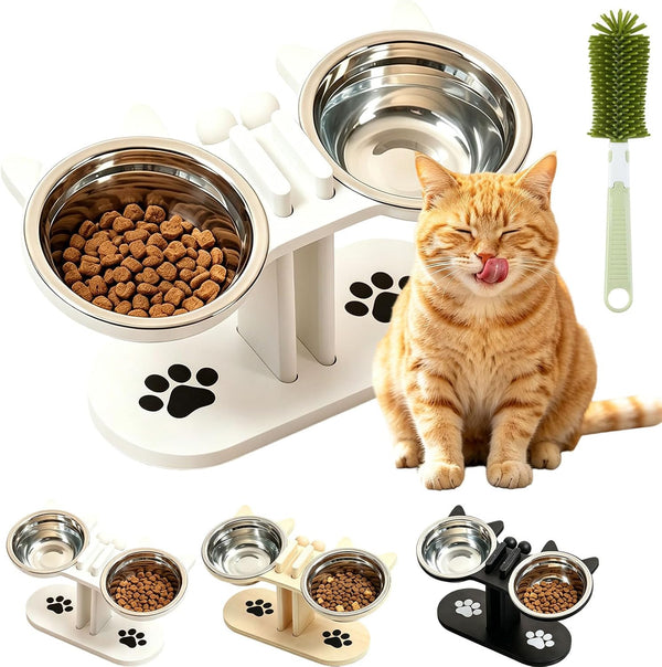 2026 New Anti-Slip Elevated 3-Bowl Pet Feeder, Cat Bowls with Stand Tilted, Stainlesssteel Cat Feeding Station, Ergonomic Elevated Cats Bowls with Wooden Base, Pet Feeding Station for Food & Water (E)10