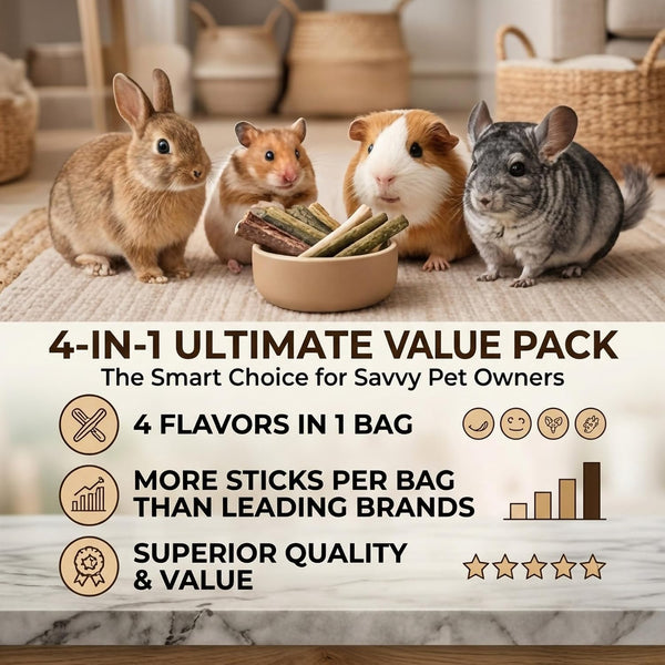 4 in 1 Natural Bunny Chew Toys Sticks Rabbit Treat Apple Hay Bamboo | Organic 4-Blend: Apple Branch + Sweet Bamboo + Timothy Hay + Alfalfa — Naturally Cleans Teeth, 140G Resealable Pack4