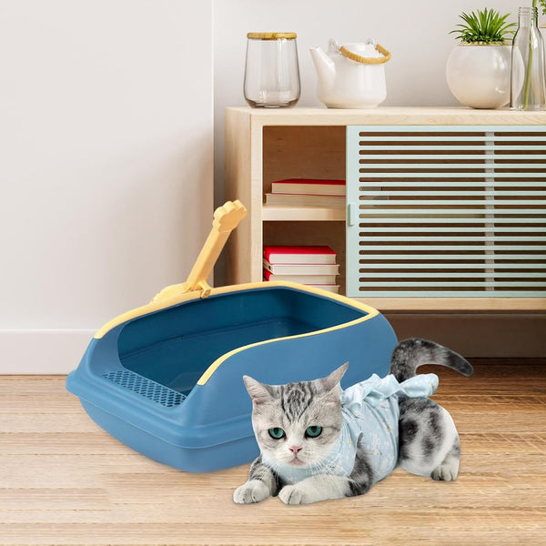 Cat Litter Box Open Top High Sided anti Splashing Litter Tray with Scoop for Indoor Cats Kittens (2 Sizes)- S Blue3
