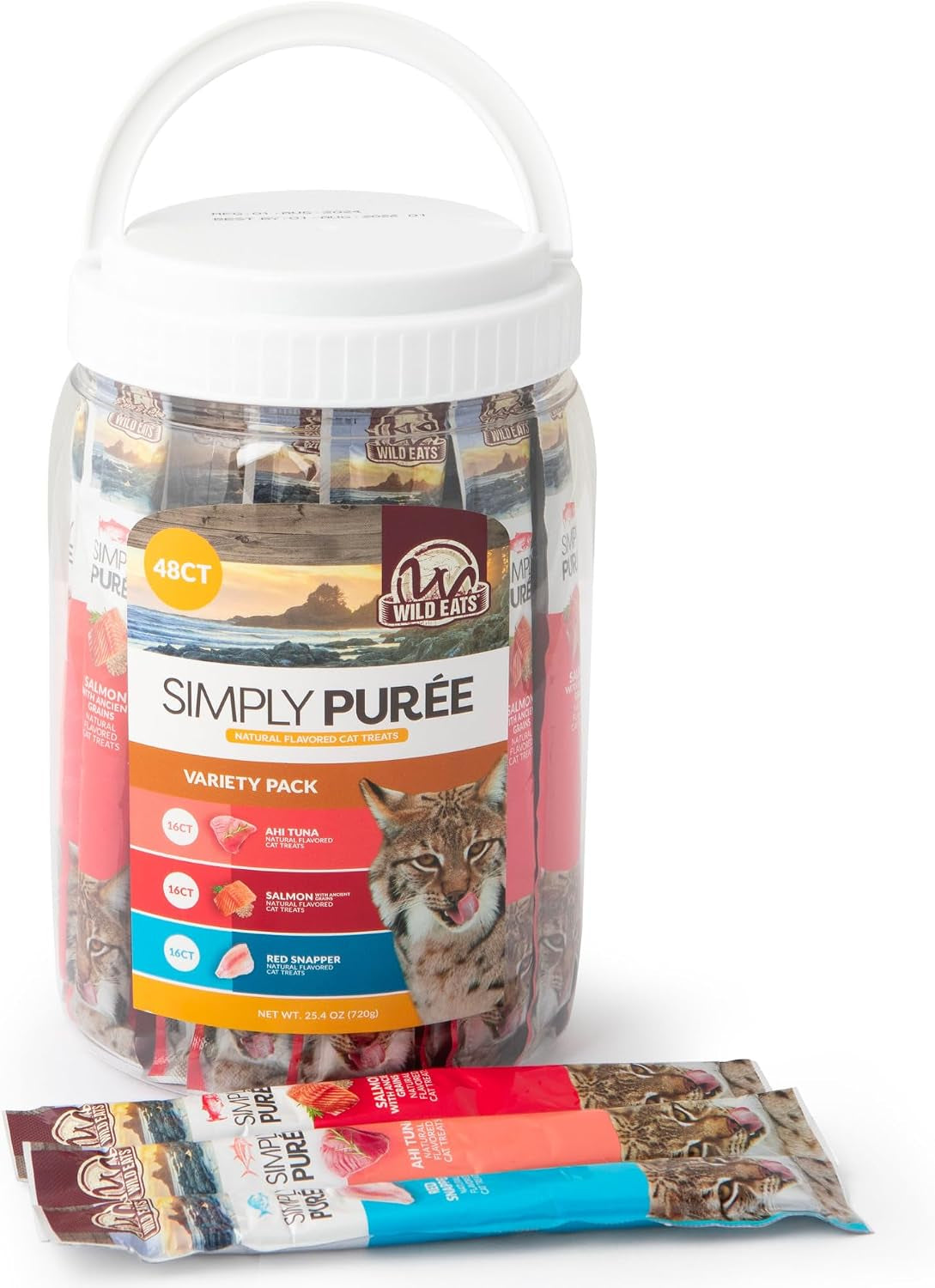 wild-eats-simply-puree-variety-pack-cat-treats-tub-48-servings-grain-free-all-natural-high-protein-recipe-no-artificial-additives-smooth-lickable-texture-easy-individual-portions-for-happy-felines