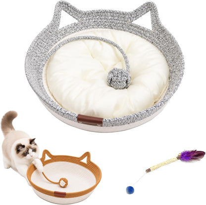 Handwoven Cat Basket Bed, Cotton Rope round Cat Scratcher Bed with Cats Ear Handles, Breathable Boho Nesting Pet Bed for Kittens and Indoor Cats (Color D,Small)9