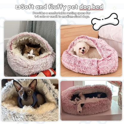 SUOXU Anti-Anxiety Cat Bed, Plush Hooded Cave, 20 in Diameter, Suitable for Small to Medium Pets, Pink5