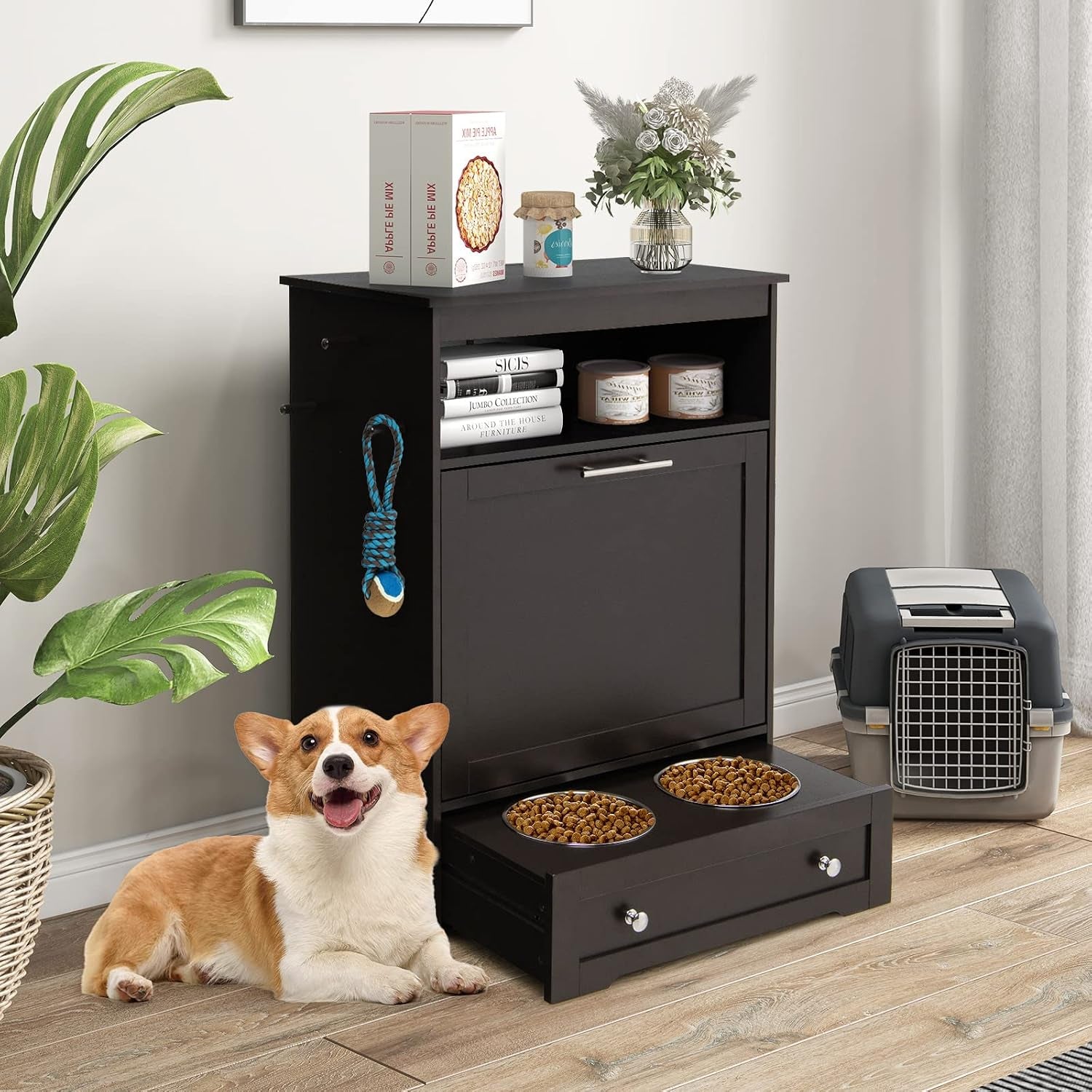 dog-food-cabinet-feeding-station-with-2-raised-bowls-pull-out-elevated-dog-bowl-storage-3-hangers-pet-feeder-toy-leashes-organizer-brown