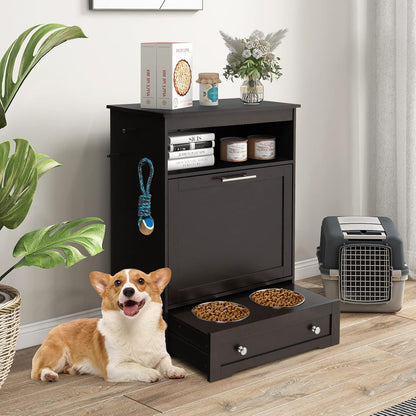 Dog Food Cabinet Feeding Station with 2 Raised Bowls, Pull Out Elevated Dog Bowl, Storage, 3 Hangers, Pet Feeder Toy Leashes Organizer, Brown2