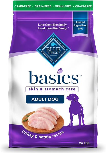 Blue Buffalo Basics Grain-Free Adult Dry Dog Food, Skin & Stomach Care, Limited Ingredient Diet for Dogs, Turkey Recipe, 24-Lb. Bag1