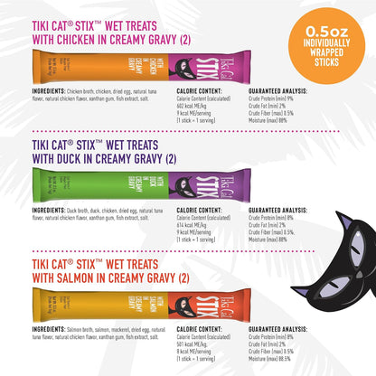 Tiki Cat Stix Mousse Treats, Single Serve Indulgent Lickable Treat or Dry Food Topper, Variety Pack with Salmon, Chicken, and Tuna, 3 Oz. Pouch3