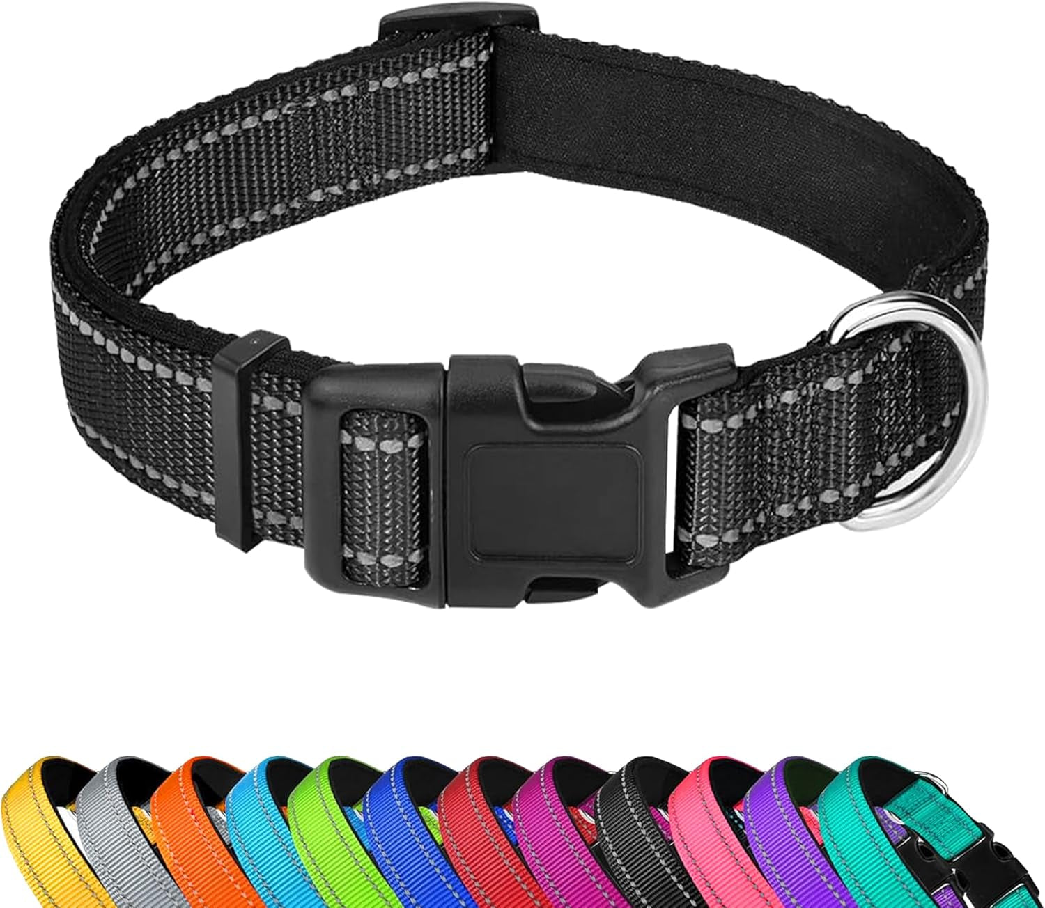reflective-dog-collar-adjustable-soft-neoprene-padded-teal-m-breathable-nylon-for-medium-dogs-tear-resistant-webbing-chafe-free-on-walks-and-hikes-metal-d-ring-night-safety