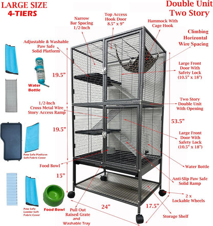 Large Two Full Story Deluxe Double Unit 4-Tiers Tight 1/2-Inch Bar Spacing Durable Front Doors Water Bottle Food Bowl for Feisty Ferret Squirrel Hammock Rat Gerbil Small Animal Critter Rolling Cage3