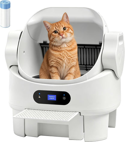 Automatic Cat Litter Box, Open-Top, Microwave Radar, Training | Safety, Large Bin, Whisper-Quiet Motor, Simple Setup, Rinses Clean Instantly, Ideal for Multiple Cats, White1
