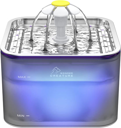 Wonder Creature Crystal Cat Water Fountain Stainless Steel Lid, 101Oz/3L | Pet Fountain with Transparent Base, Quiet Pump, LED Indicator Light, Triple Filtration, 3 Flow Modes for Cats and Dogs7