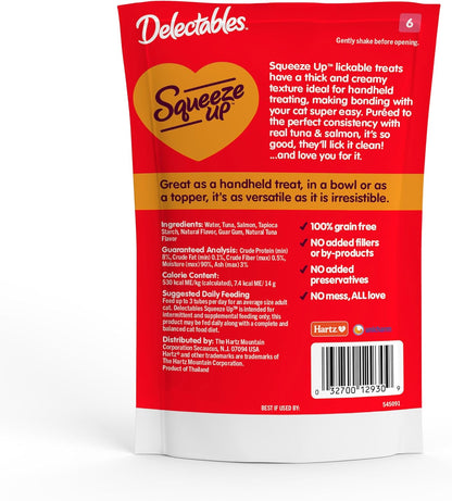 Delectables Squeeze up Creamy Squeezable Puree, Lickable Wet Cat Treats, Grain Free, No Added Fillers, No By-Products, No Added Preservatives, 0.5 Ounces Tuna & Salmon, 32 Tubes Total6
