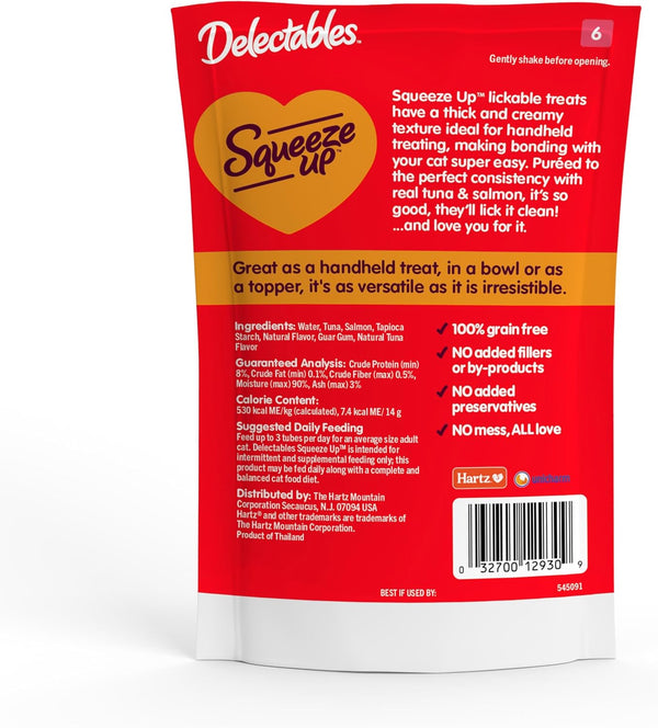 Delectables Squeeze up Creamy Squeezable Puree, Lickable Wet Cat Treats, Grain Free, No Added Fillers, No By-Products, No Added Preservatives, 0.5 Ounces Tuna & Salmon, 32 Tubes Total6